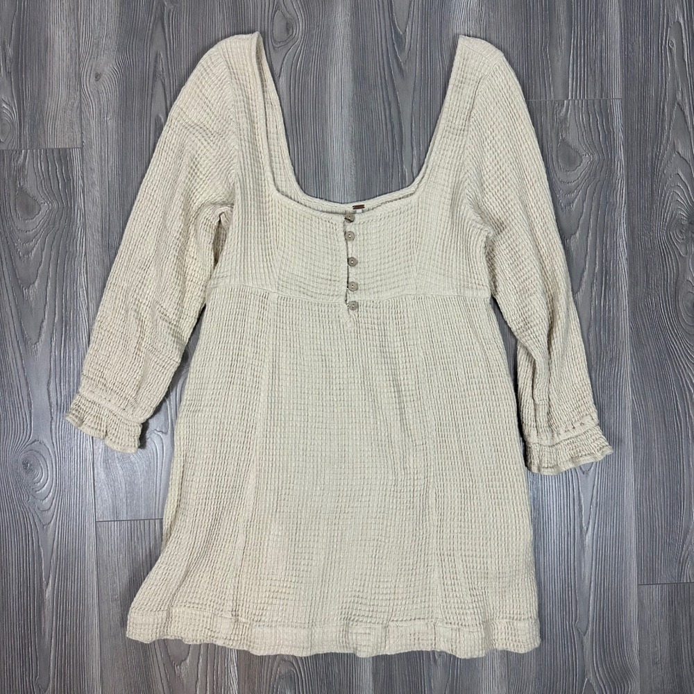 Free People Waffle Knit Long Sleeve Babydoll Mini Dress - SIZE M Cottage‎ Fall